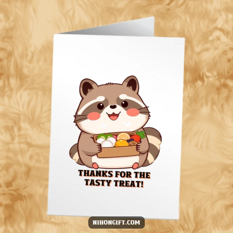 Funny Free Printable Thank You Card: Kawaii tanuki with happy expression, holding a beautifully presented bento box with thanks.