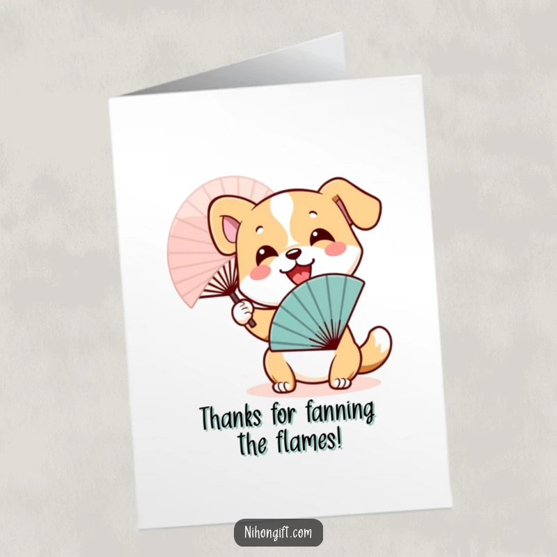 Funny Free Printable Thank You Card: A smiling dog enthusiastically waves a decorative Japanese fan to say thank you.