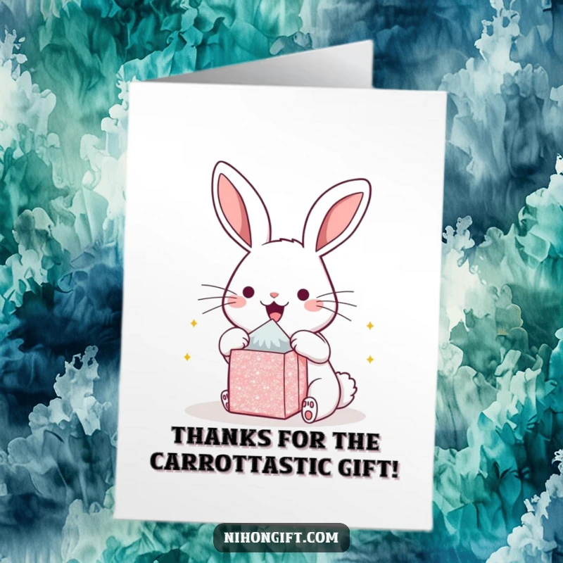 Funny Free Printable Thank You Card: A kawaii bunny joyfully holds open a small gift, signaling thanks.