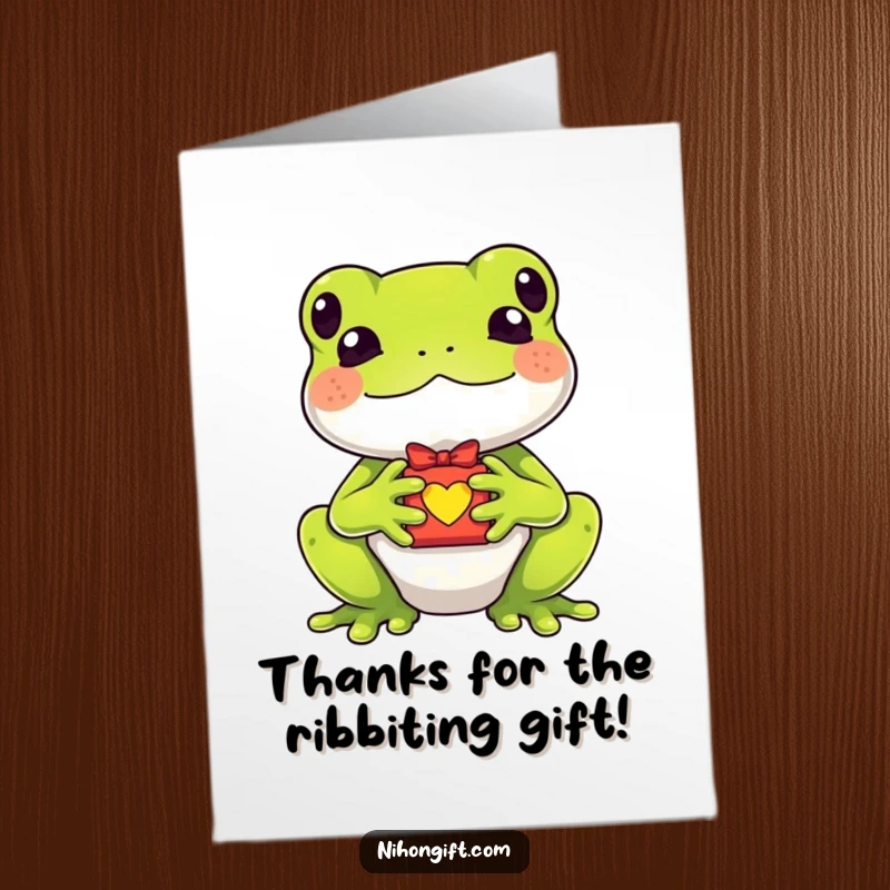 Funny Free Printable Thank You Card: A kawaii frog presenting a tiny lucky charm gift, symbolizing good fortune and thanks.