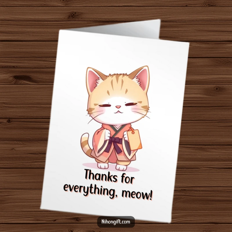 Funny Free Printable Thank You Card: A curious cat in a kimono batting playfully at a gift tag.
