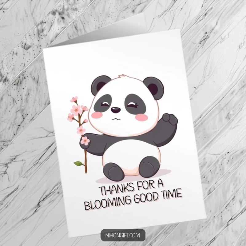 Funny Free Printable Thank You Card: A shy panda offering a delicate cherry blossom branch as thanks.
