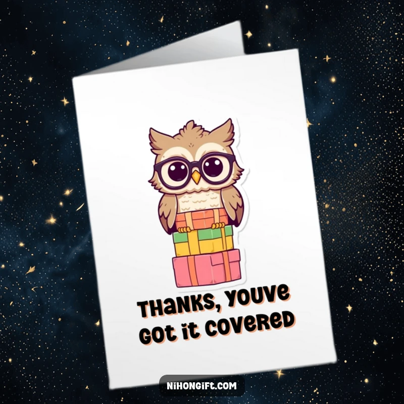 Free Printable Thank You Card: A wise owl wearing spectacles balances a stack of gift boxes, conveying thoughtful gratitude.