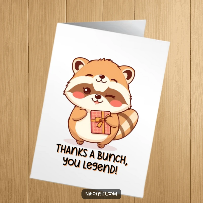 Funny Free Printable Thank You Card: Cute kawaii tanuki winking mischievously while offering a wrapped gift, perfect for a humorous thank you.