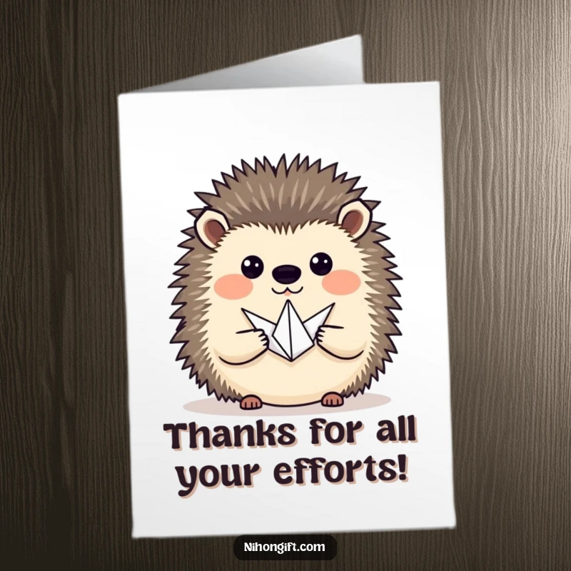 Cute Free Printable Thank You Card: A hedgehog proudly presents a tiny origami crane, expressing thanks.