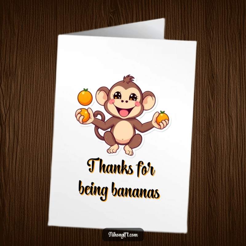 Funny Free Printable Thank You Card: A kawaii monkey with a mischievous grin, juggling oranges to say thank you.