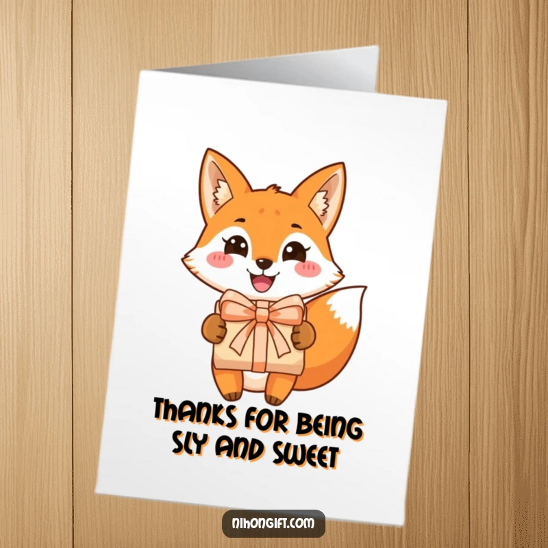 Funny Free Printable Thank You Card: A cheerful fox with a grin offering a beautifully wrapped gift.