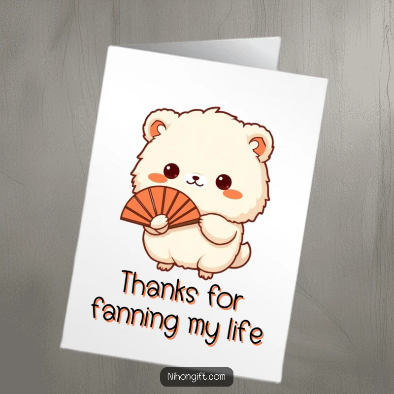 Funny Free Printable Thank You Card: Cute fluffy animal holds a traditional Japanese fan with a warm expression.