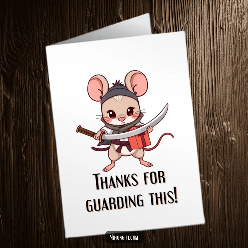 Funny Free Printable Thank You Card: A determined mouse adventurer with a miniature katana protects a precious gift.