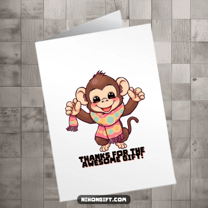 Funny Free Printable Monkey Thank You Card: Playful monkey offers a stylish scarf in a gesture of heartfelt thanks. Diy gift.