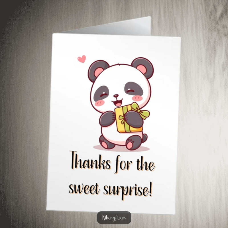 Funny Free Printable Thank You Card: A kawaii panda happily holding a beautifully wrapped gift with a ribbon, expressing thanks.