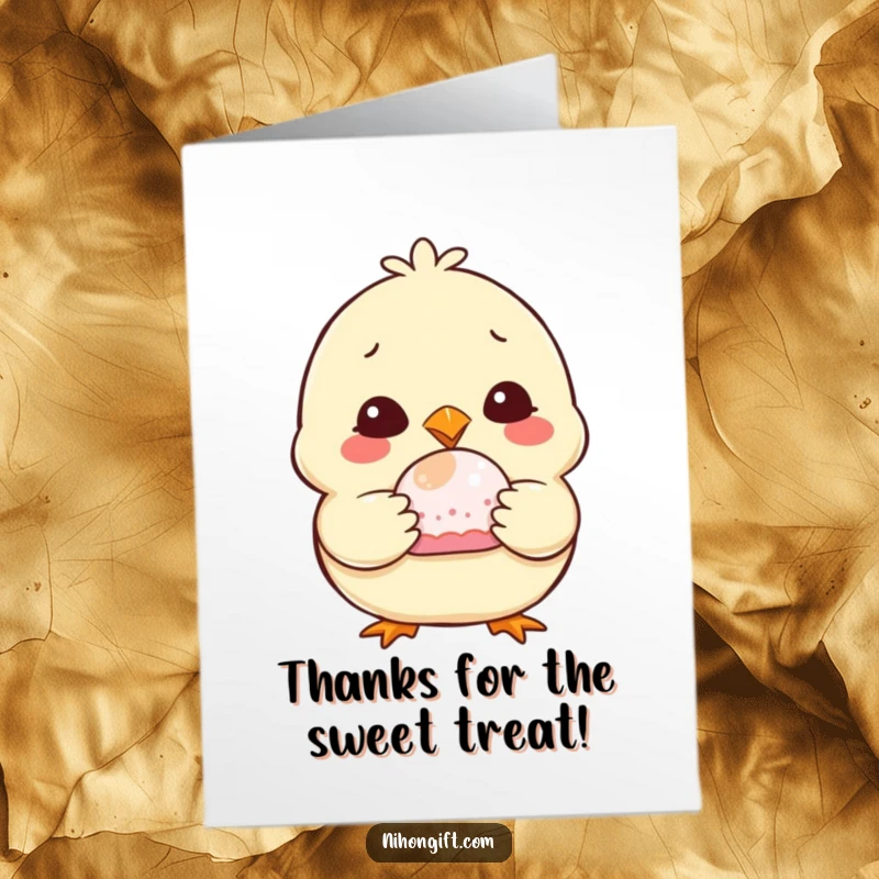 Funny Free Printable Thank You Card: Chubby chick with a warm smile offering a sweet mochi is adorable.
