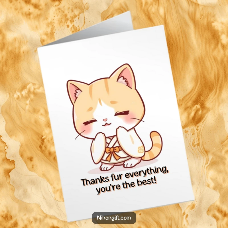 Funny Free Printable Thank You Card: A kawaii cat in a traditional kimono performs a happy bow, perfect for a polite, humorous thank you.