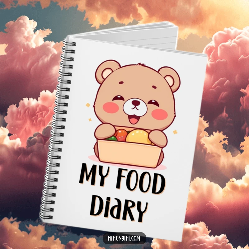 Funny kawaii bear cub cub accepting a bento box on a notebook cover for jotting ideas.