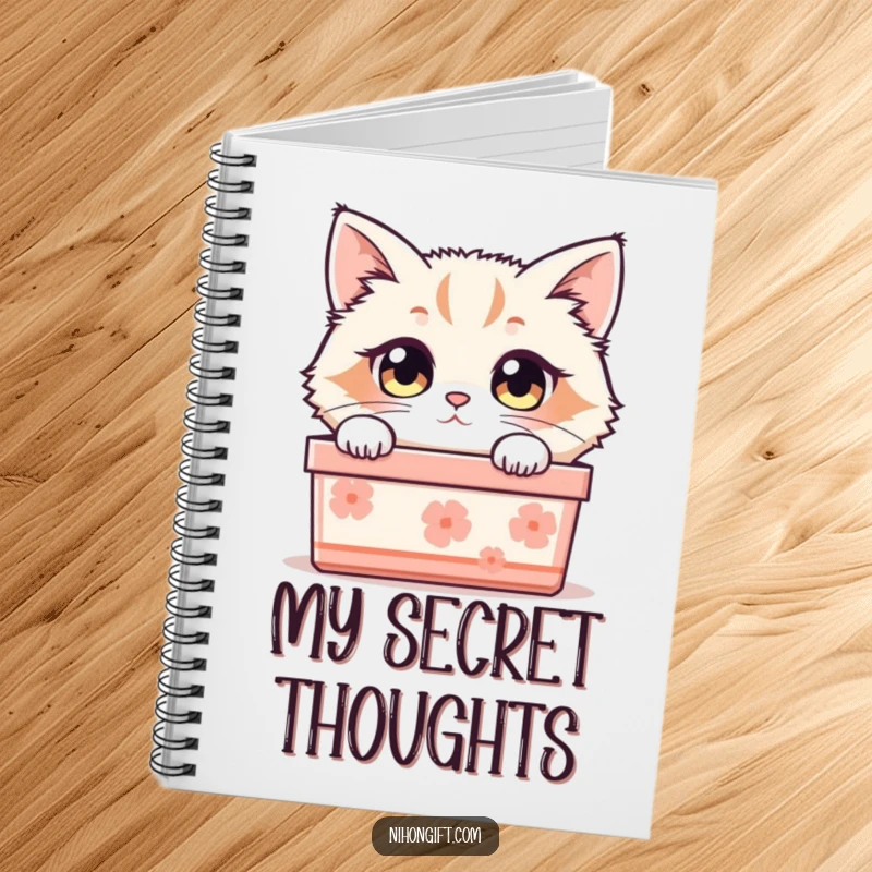Funny cat notebook with a fluffy cat’s curious eyes peeking from a Japanese gift box, perfect for notes.