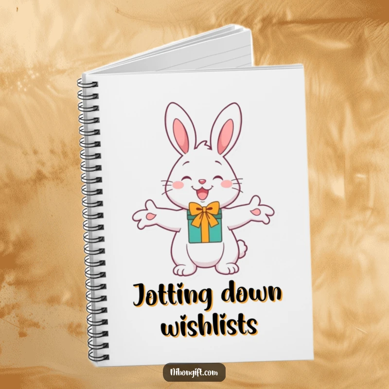Funny Cheerful Bunny Notebook with paws outstretched holding a gift, perfect for writing and planning with humor.