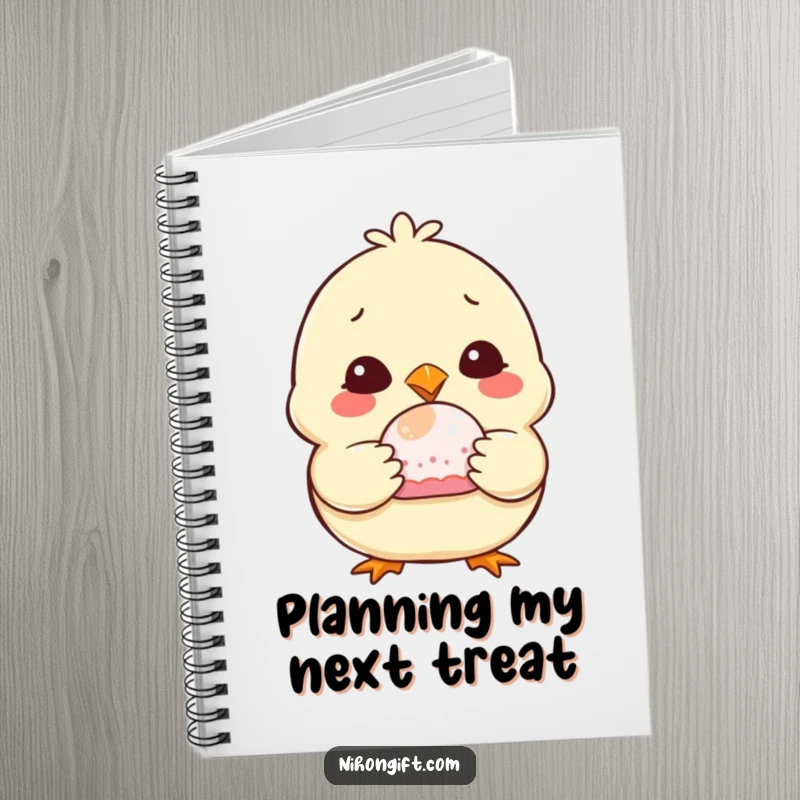 Funny Chubby Chick Notebook with a smiling chick holding a mochi, perfect for writing and drawing with humor.