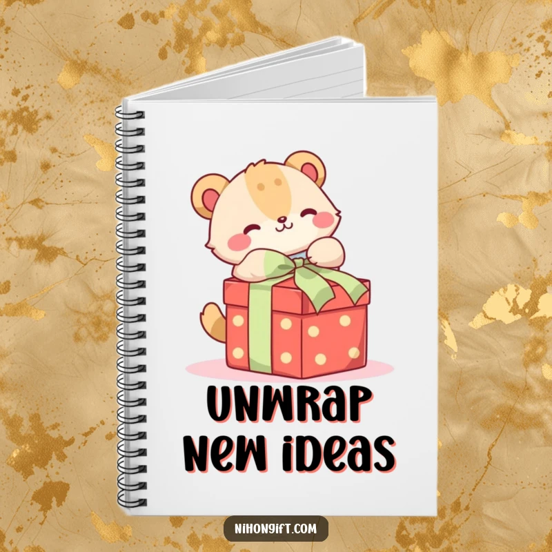 Funny notebook with a cute animal happily unwrapping a beautifully tied gift box, great for journaling.