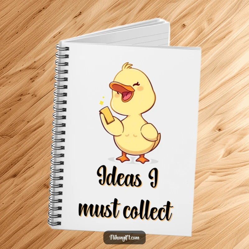 Funny duckling with an open beak joyfully accepting a small trinket, ready for notes in this cute notebook.