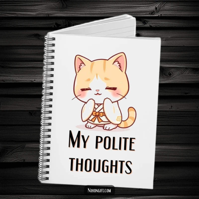 Funny kawaii cat in a kimono bowing happily on a notebook cover, ready for notes.