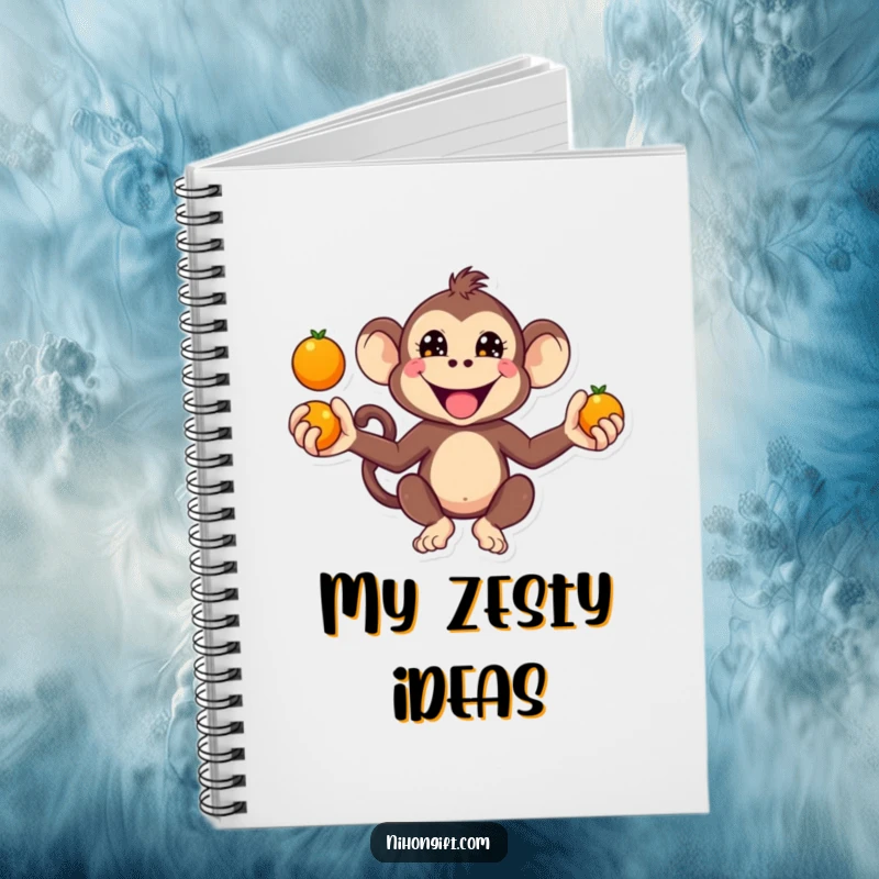 Funny Kawaii Monkey Notebook with a monkey juggling oranges with a mischievous grin.