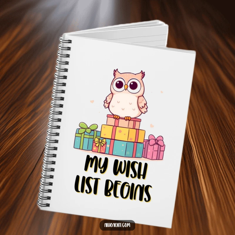 Funny kawaii owl perches on gifts, ready to jot down notes in a cute and humorous notebook.