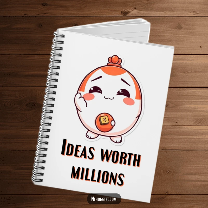 Funny! Notebook cover featuring a smiling Daruma doll character holding a shiny coin, perfect for notes, ideas, and luck.