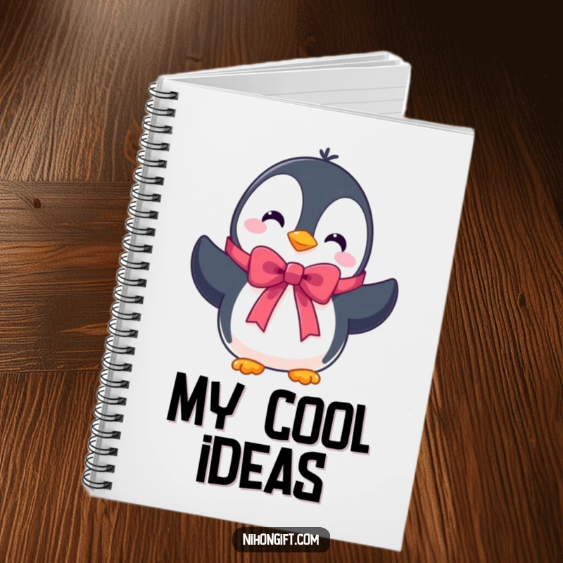 Funny notebook with a cute penguin character presenting a beautifully tied ribbon, perfect for notes.