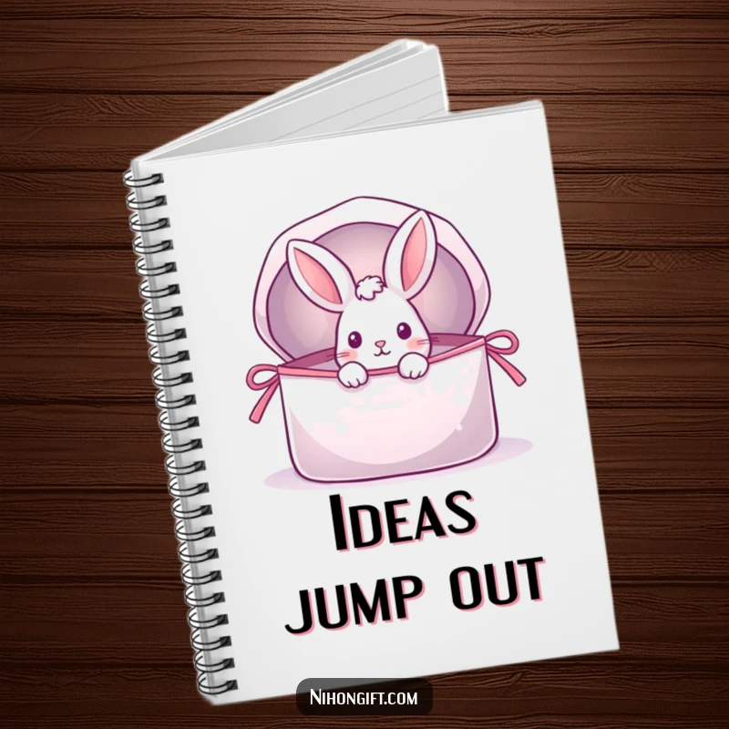 Funny notebook featuring a playful rabbit peeking from a giant, shimmering gift bag, ideal for notes and creative ideas.