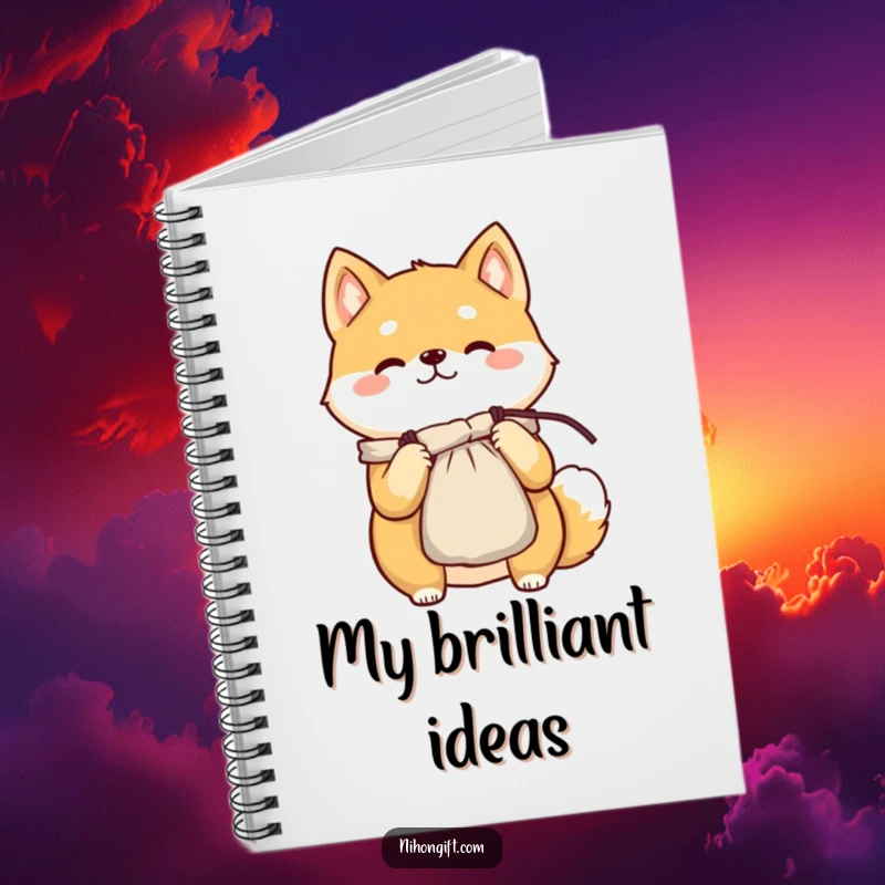 Funny Shiba Inu notebook cover featuring a cheerful character proudly presenting a delicate silk pouch, ideal for note-taking.