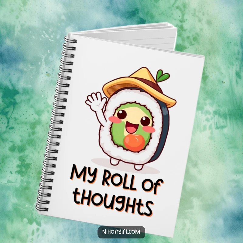 Funny notebook with a charming sushi roll character in a straw hat, waving excitedly, perfect for notes.