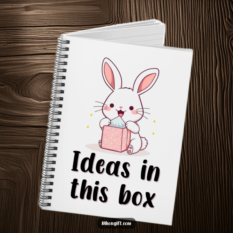 Funny kawaii bunny notebook cover, showing pure delight and eagerness while opening a small, sparkling gift. Ideal for note-takers.