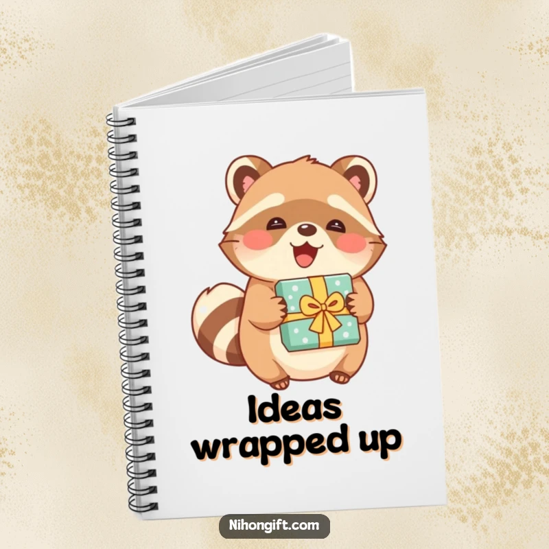 Funny tanuki notebook cover featuring a joyful character holding a beautifully wrapped present, ideal for writing.