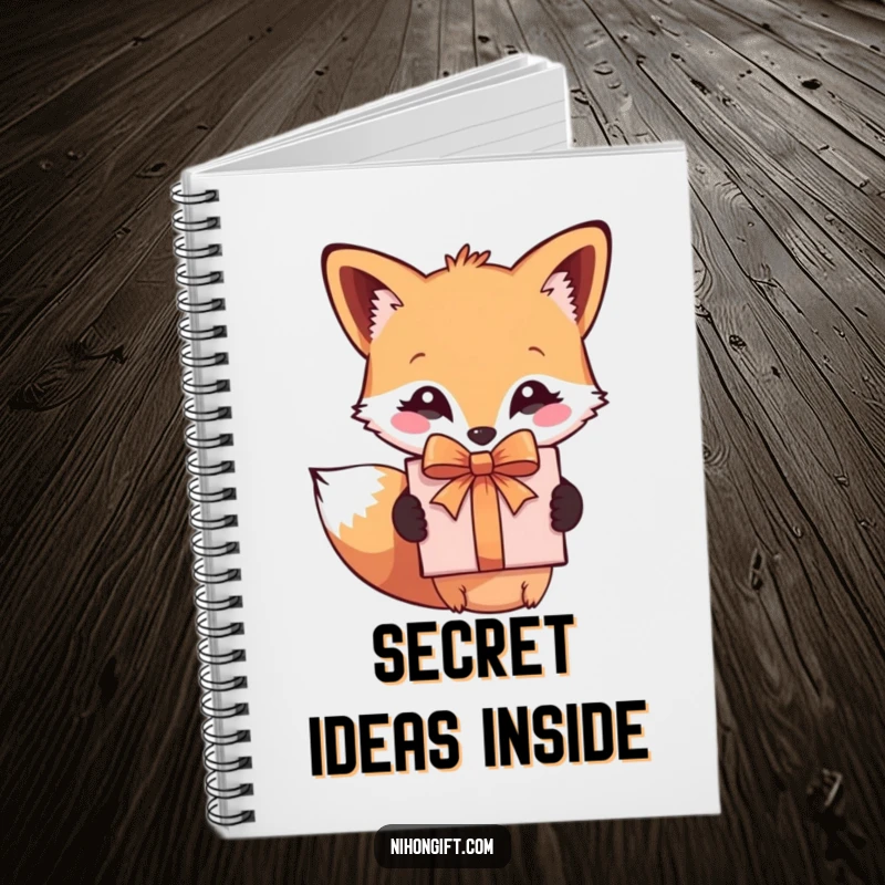 Funny notebook with a cute fox holding a gift box, inspiring creativity and humor for note-taking.