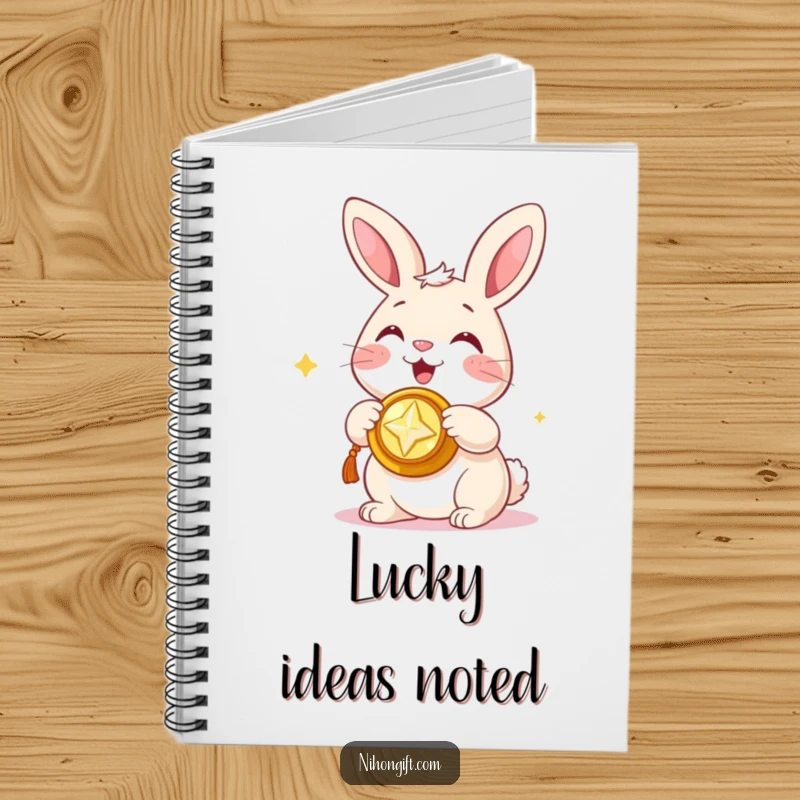 Funny notebook with a happy bunny presenting a shiny trinket, inspiring creativity and humor.