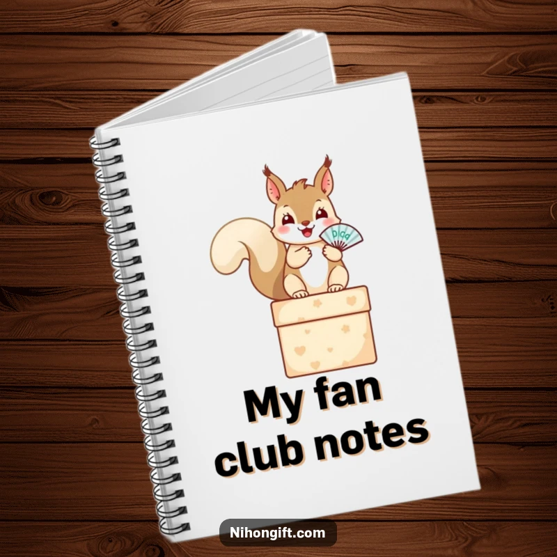 Squirrel notebook featuring a happy squirrel on a gift box holding a tiny fan, perfect for jotting notes.