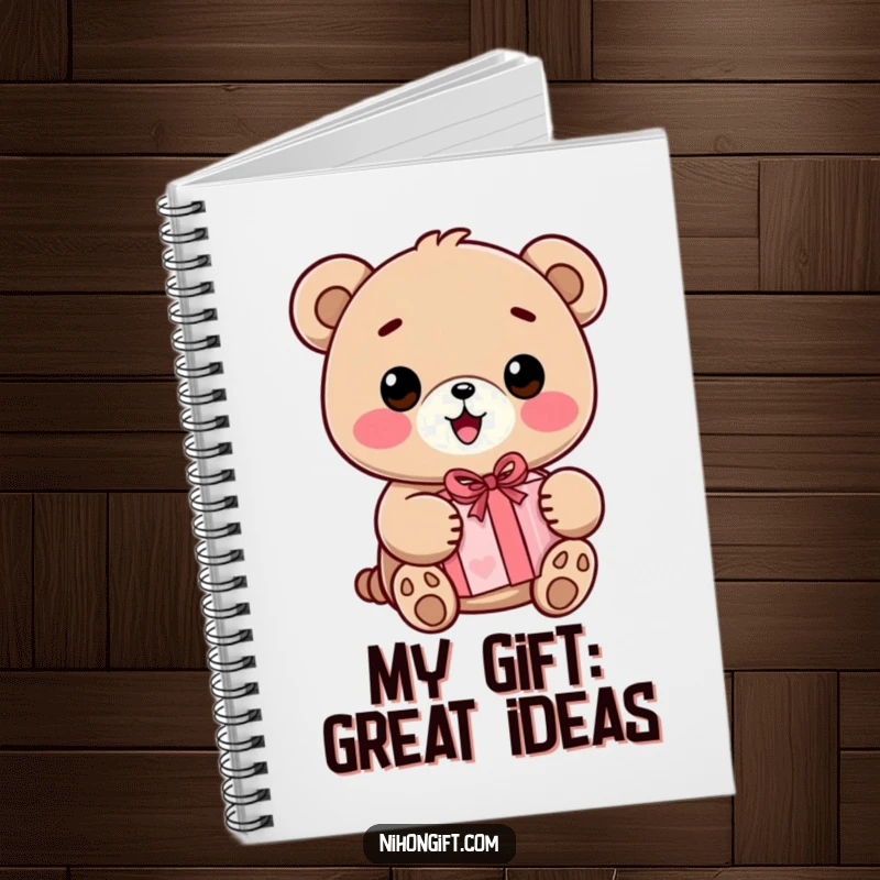 Funny Kawaii Bear Notebook depicting a smiling kawaii bear holding a wrapped present, perfect for jotting down happy thoughts.
