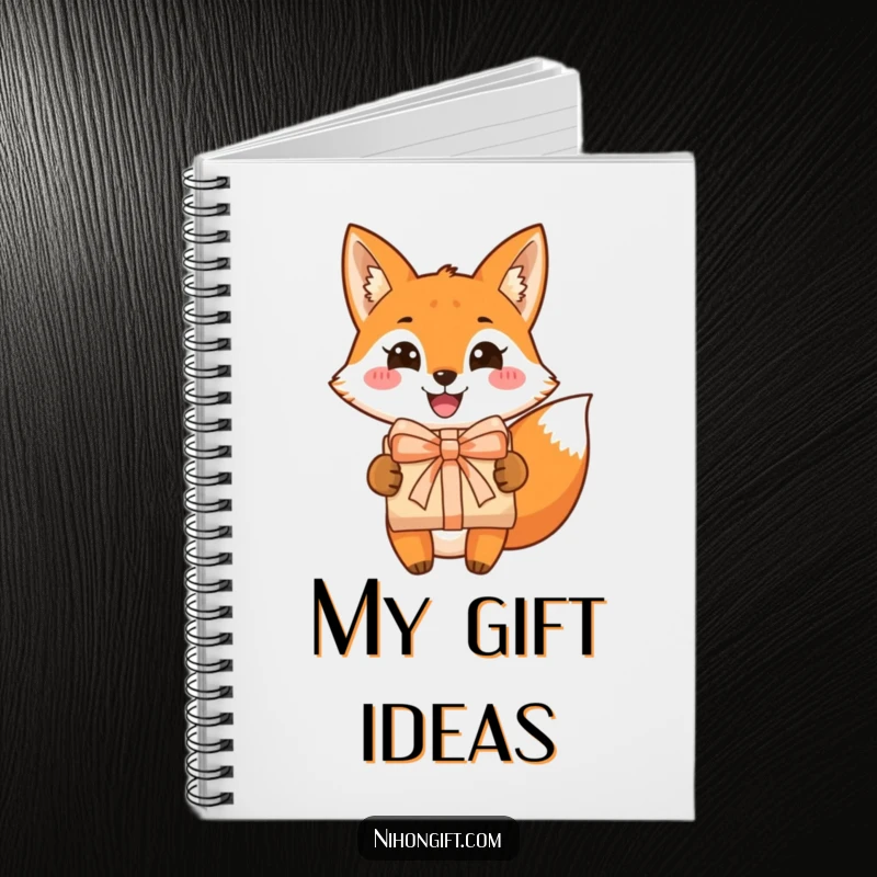 Funny fox notebook with a grinning fox presenting a beautifully wrapped gift, inspiring cheerful thoughts and organized writing.