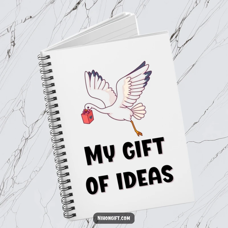 Funny Kawaii Crane Notebook with a crane flying with a delicate gift box.