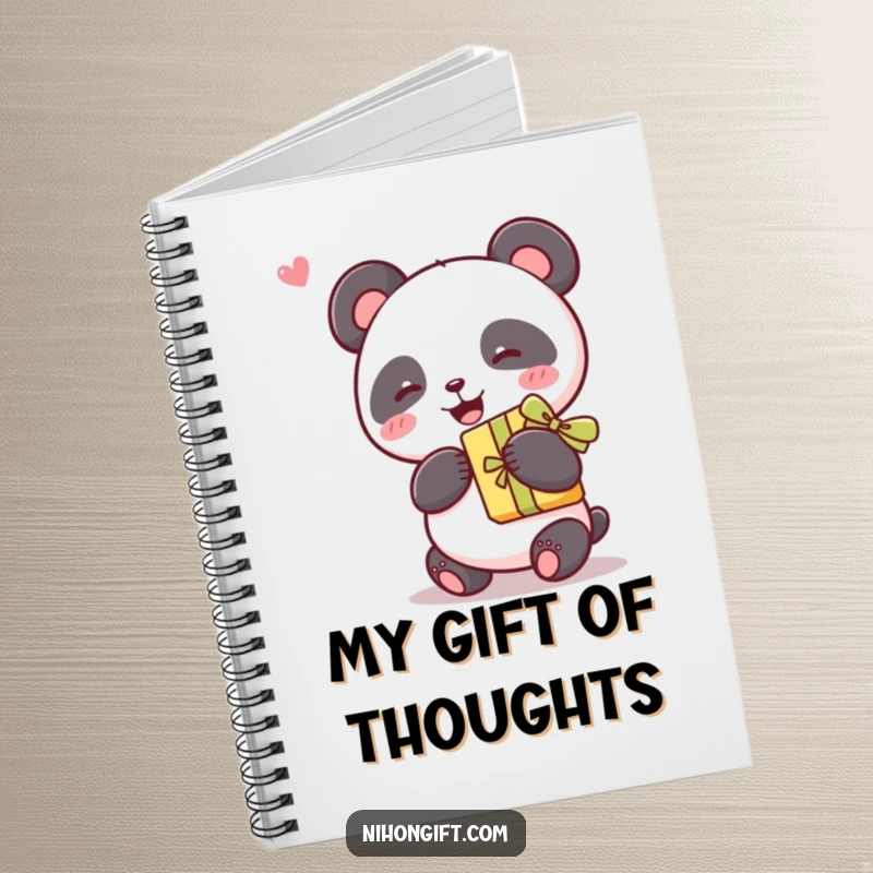 Funny kawaii panda joyfully holding a gift with a ribbon on a notebook, inspiring cute notes and creative ideas.