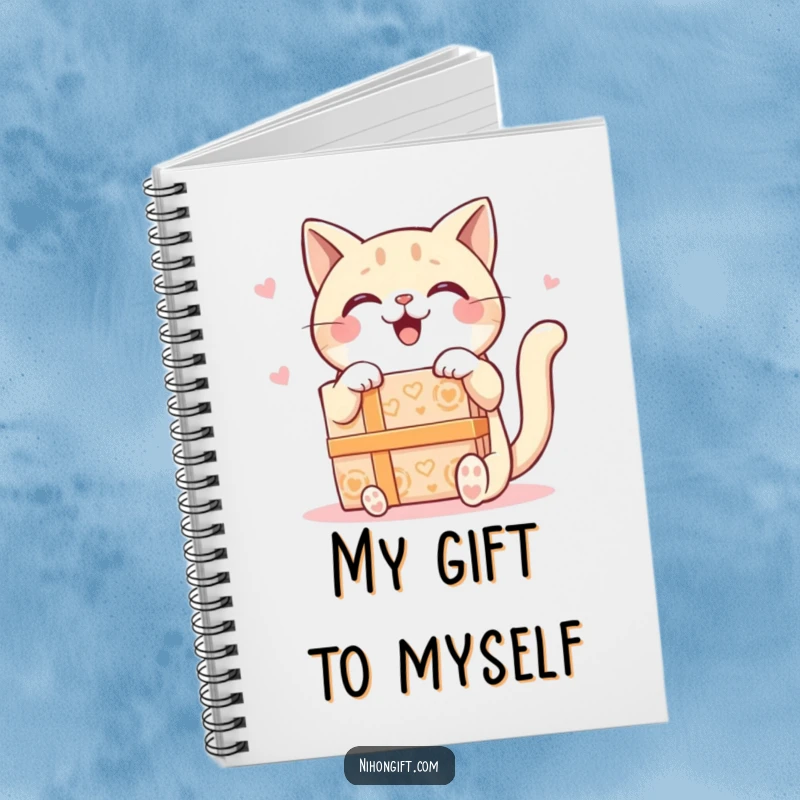 Funny Kawaii Cat Notebook depicting a happy cat receiving a giant ornate gift box, perfect for journaling moments of joy.