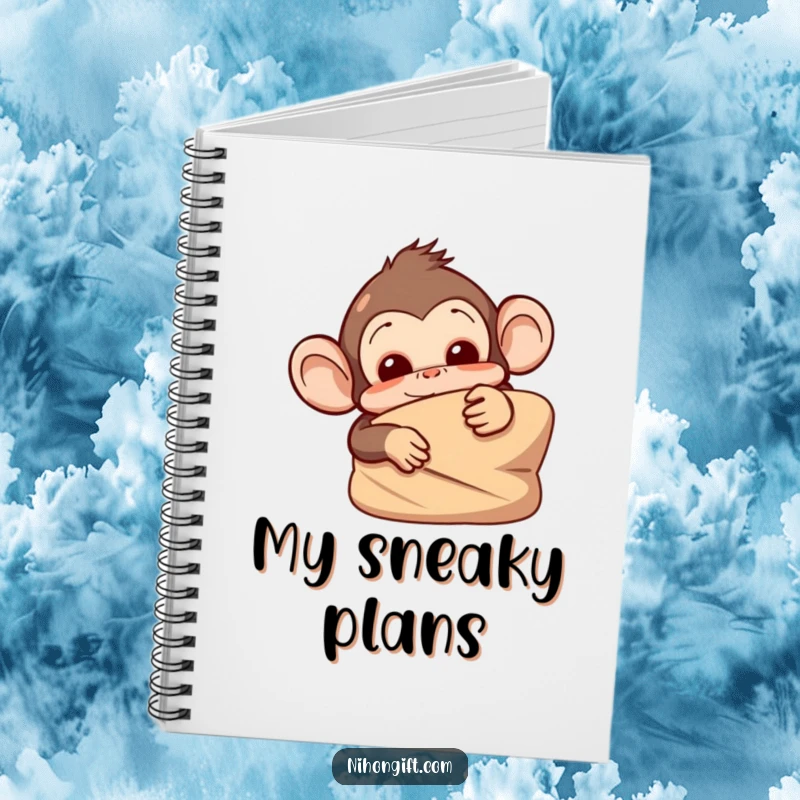 Monkey notebook featuring a mischievous monkey peeking from behind a wrapped item, perfect for jotting notes.