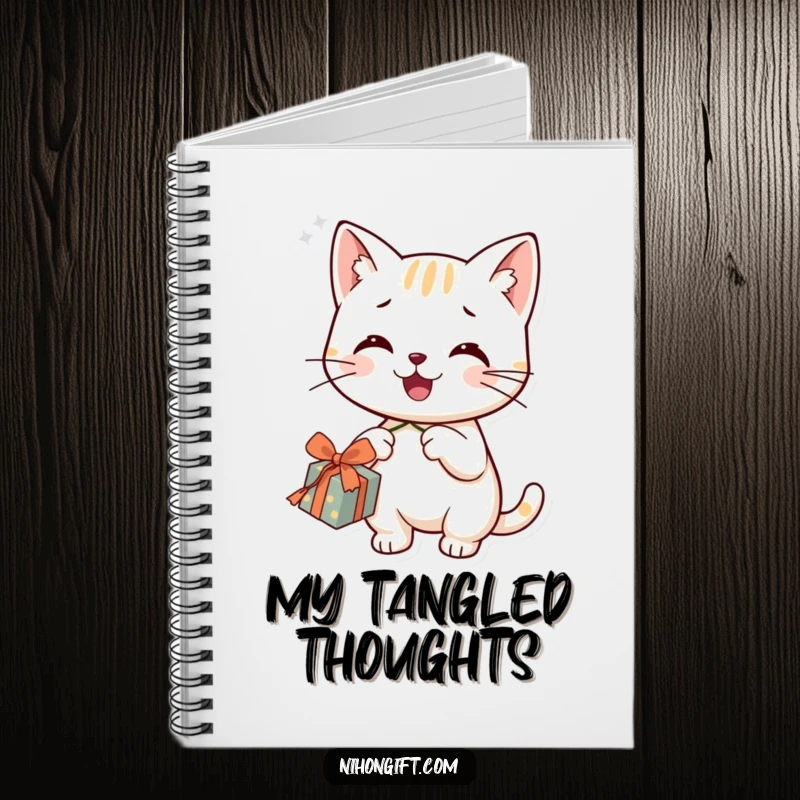 Funny cat notebook cover featuring a smiling character happily dangling a string from a gift, ideal for note-taking.