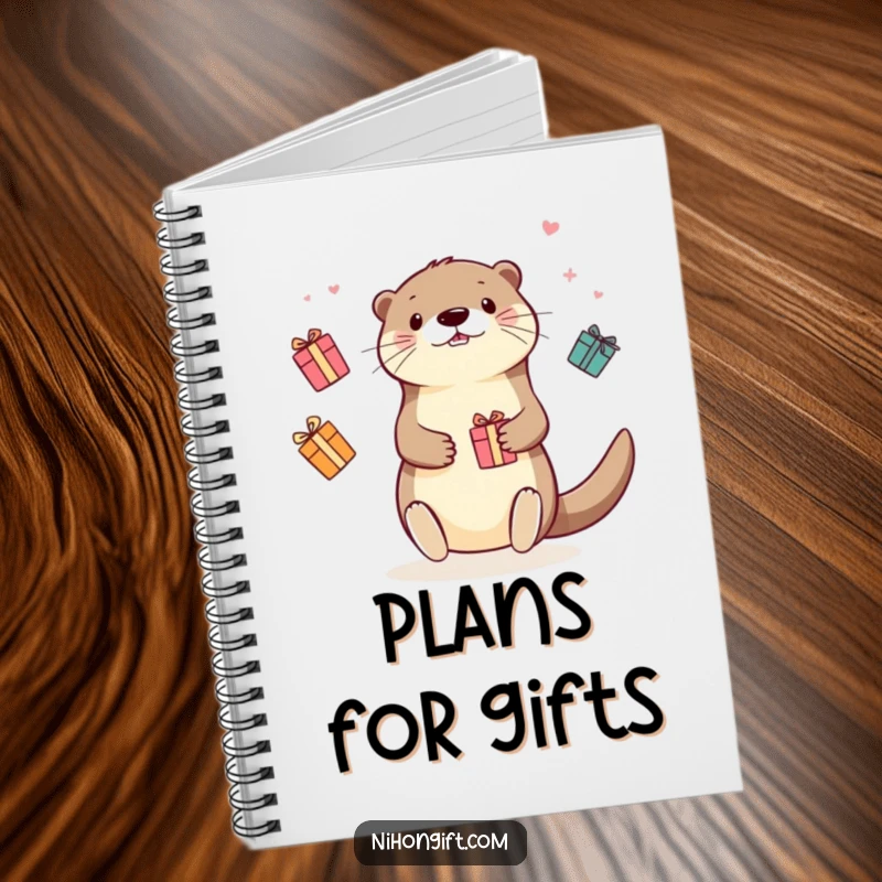 Funny Kawaii Otter Notebook: Cute otter juggling a pile of colorful gift boxes, inspiring creativity and joy.