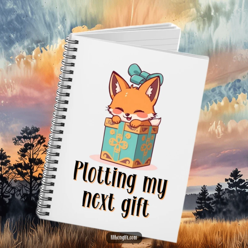 Funny fox notebook cover showing an excited unwrapping of a large, ornate gift box, ideal for note-taking.