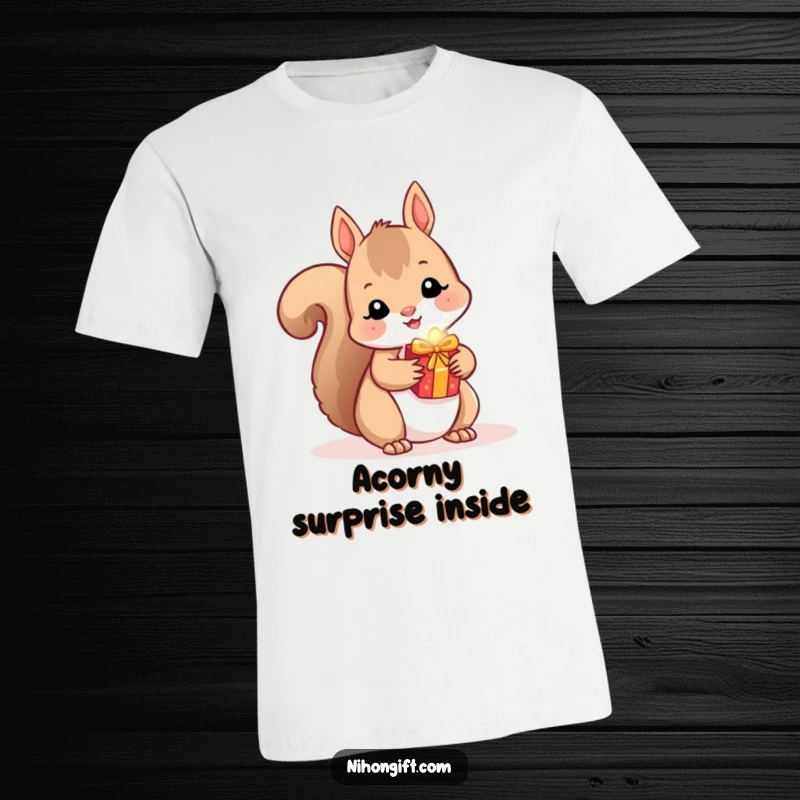 Funny Squirrel T-Shirt: A cute kawaii squirrel slyly conceals a small, glittering present.