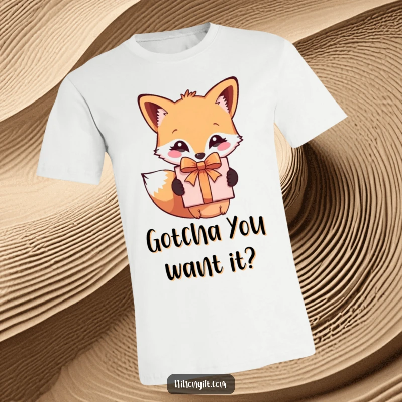 Funny t-shirt featuring a cute fox holding a beautifully wrapped gift box, ready to celebrate. A humorous present.