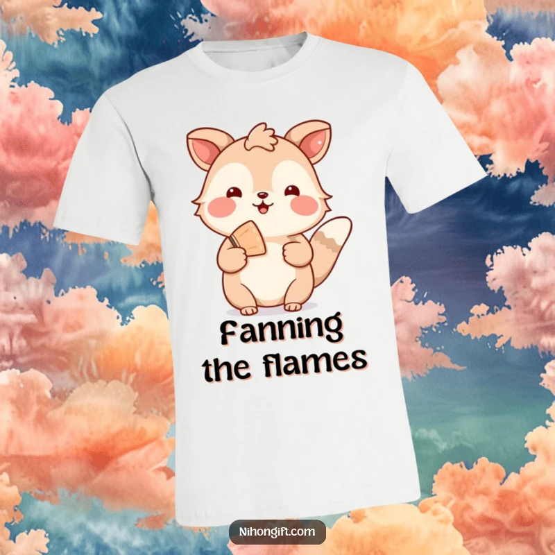 Funny t-shirt depicting a cheerful animal offering a welcoming gesture with a small, decorative fan, embodying friendliness.
