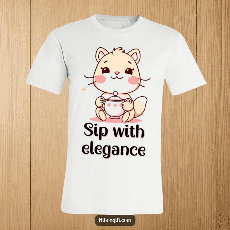 Funny t-shirt showing an animal holding a delicate tea set with a polite smile, perfect for tea enthusiasts.