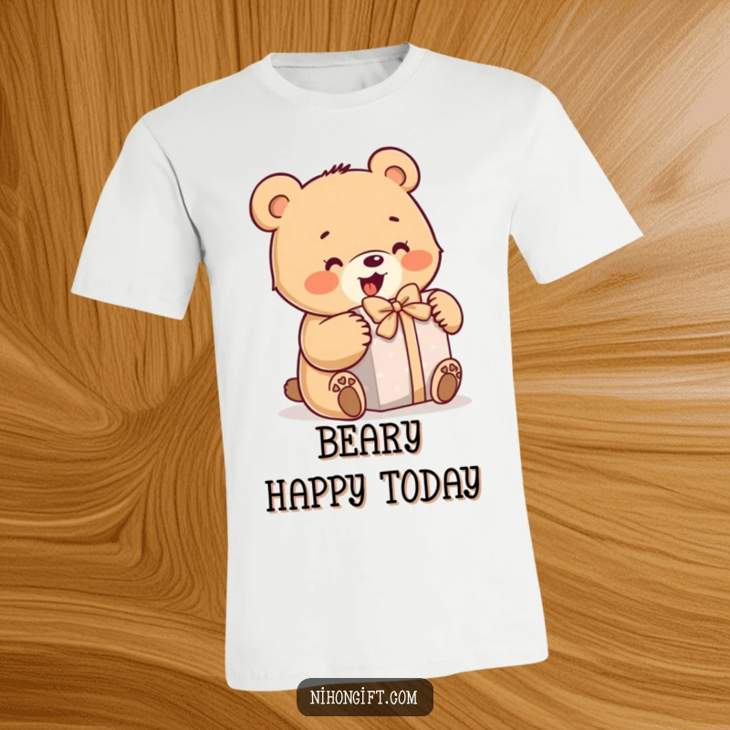Funny bear t-shirt featuring a little bear enthusiastically opening a wrapped gift, a humorous and adorable design for fans.